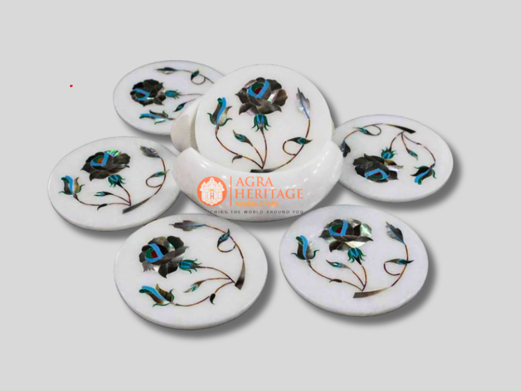 Marble Floral Inlay White Drink Coaster Set